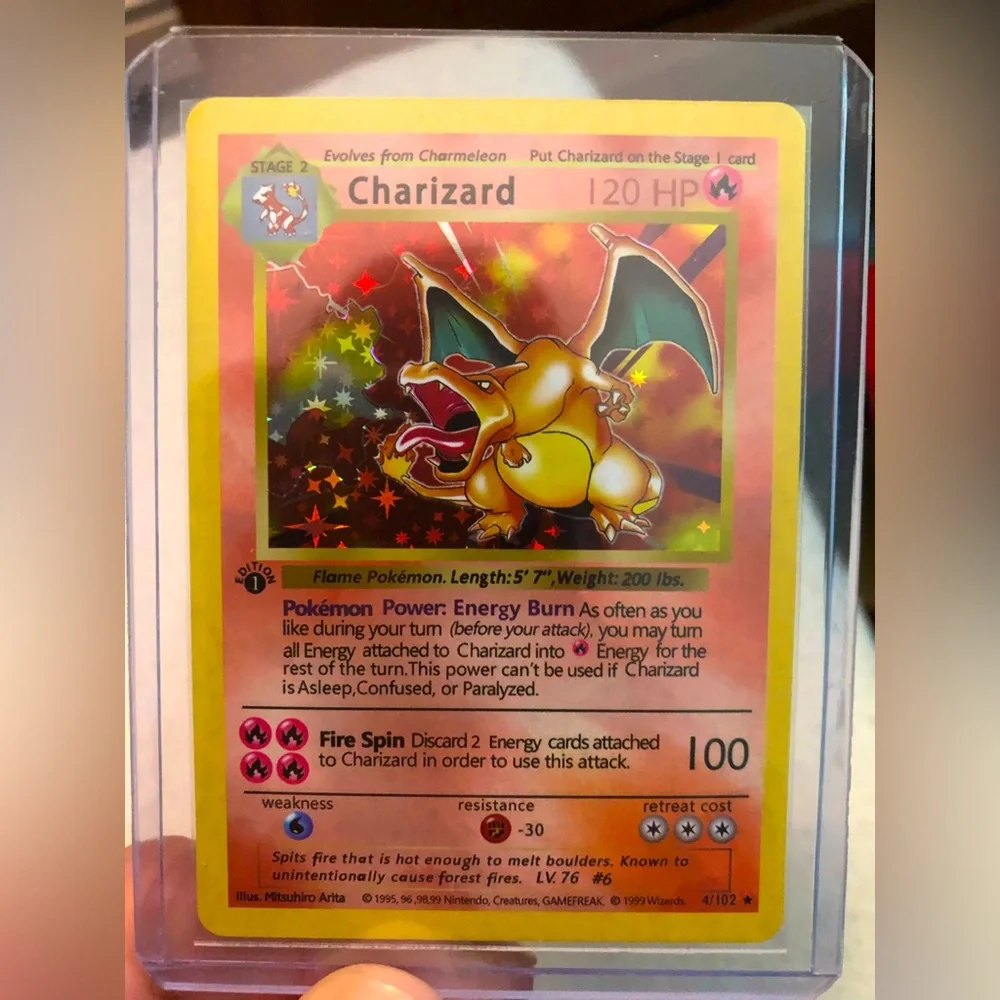 charizard pokemon card base set 1 Holo 1st Edition Holo #4 clear acrylic holder that perfectly accentuates the stunning visual design and character artwork NMe-Series Charizard 1ED Holo 103/128